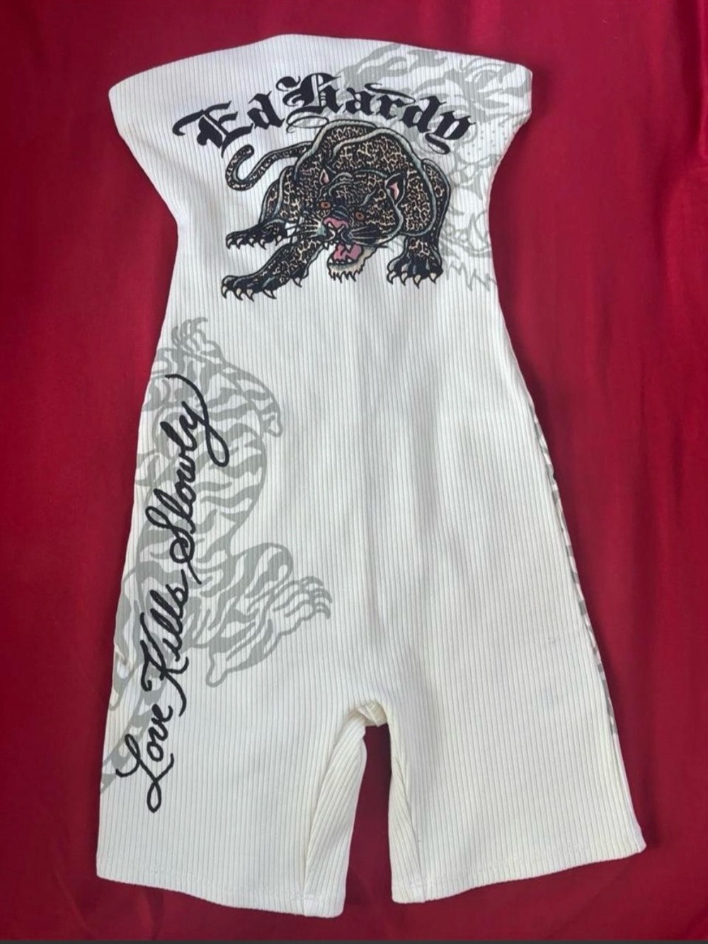 Ed Hardy White Ribbed Strapless Women One-Piece with Leopard Graphic